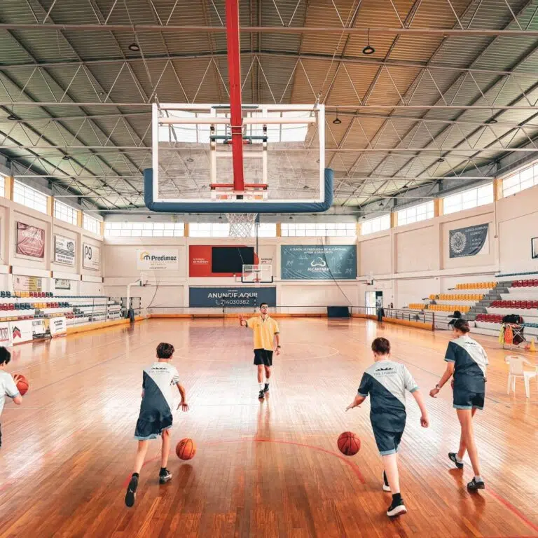 Students playing basketball in the sports hall